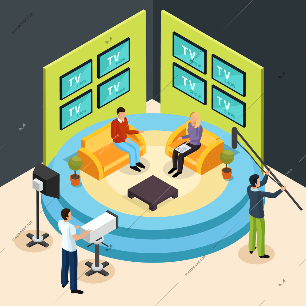 Isometric quiz tv show composition with view of talk show television studio with shooting crew members vector illustration