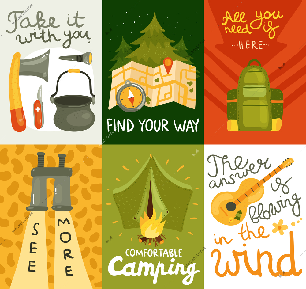 Colorful cards set with equipment for comfortable camping on colorful background flat isolated vector illustration