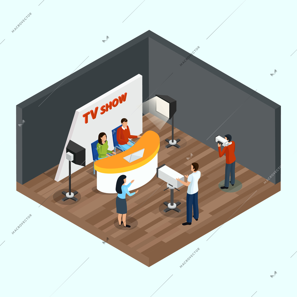 Isometric quiz tv show indoor composition with human characters of staff and talking show hosts vector illustration