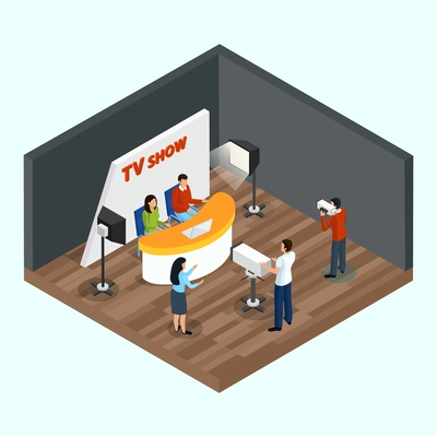 Isometric quiz tv show indoor composition with human characters of staff and talking show hosts vector illustration