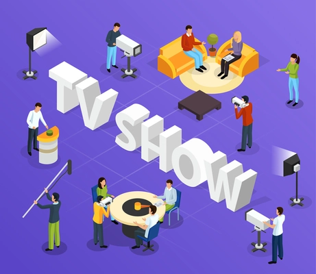 Isometric quiz tv show composition with cumbersome text and human characters of television workers and guests vector illustration