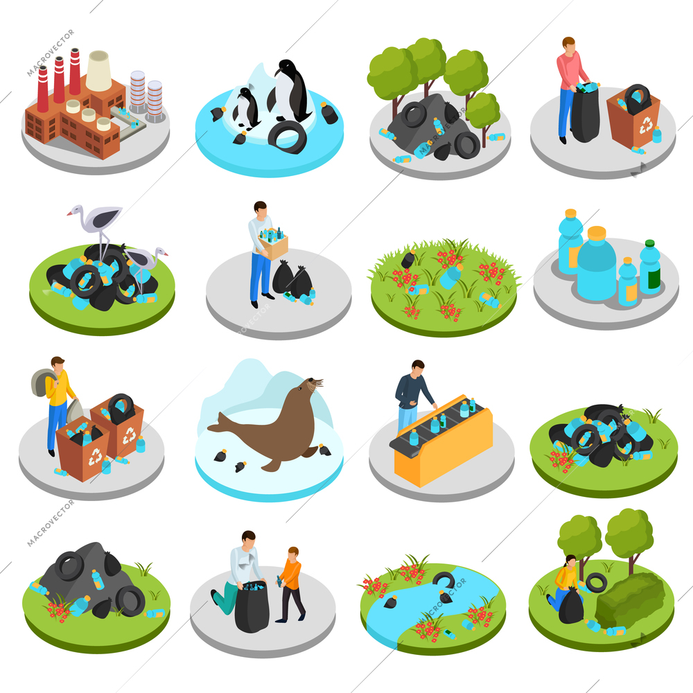 Drastic plastic isometric icon set of sixteen isolated images with rubbish bins plants and human characters vector illustration