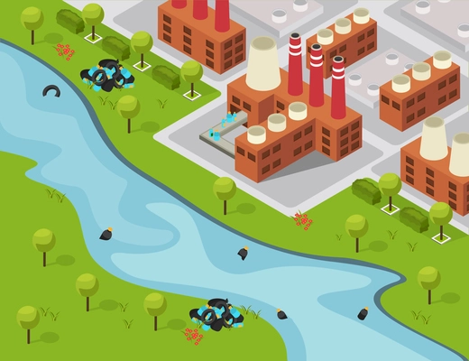 Drastic plastic isometric composition with outdoor landscape and factory building emptying waste to the river vector illustration