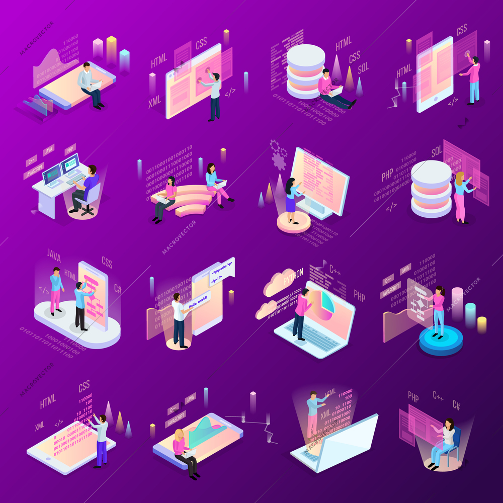 Freelance programming isometric icons set of isolated human characters and modern interfaces with infographic icons vector illustration