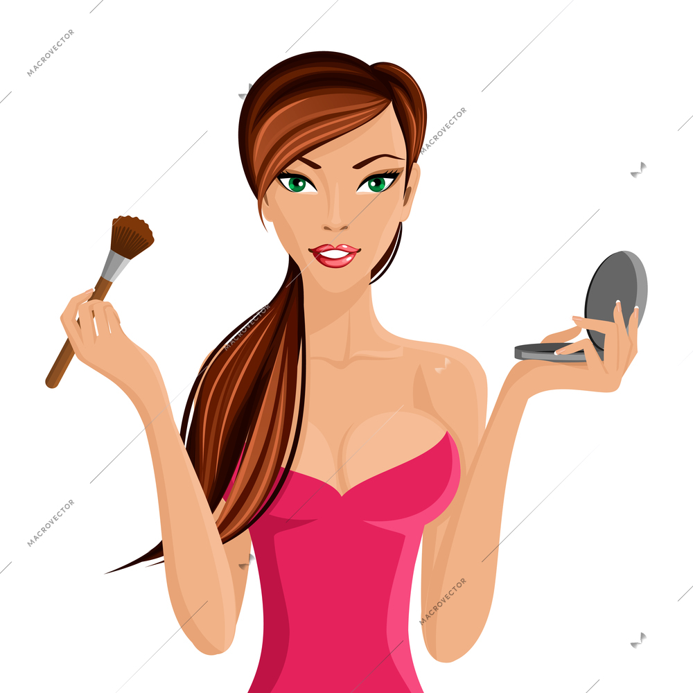 Young beautiful woman applying makeup with brush and powder vector illustration