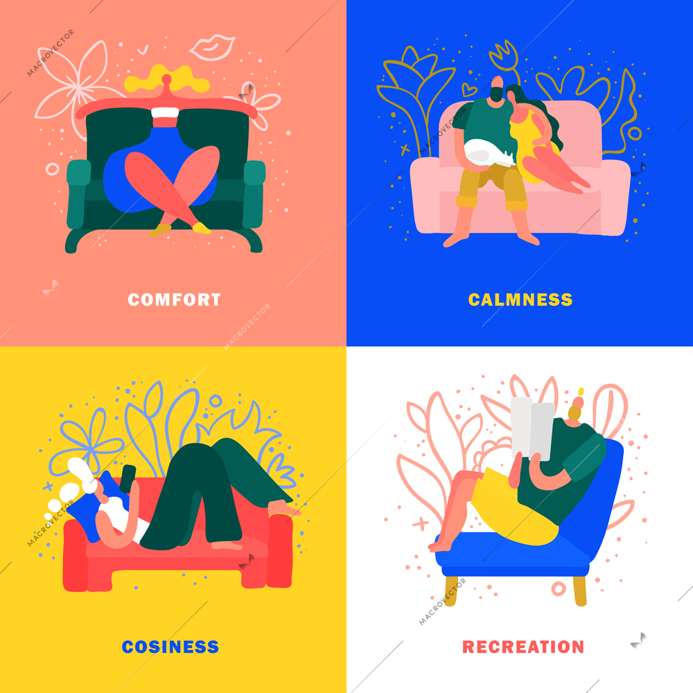 Rest on comfortable furniture at cosy home 2x2 design concept isolated on colorful background flat vector illustration