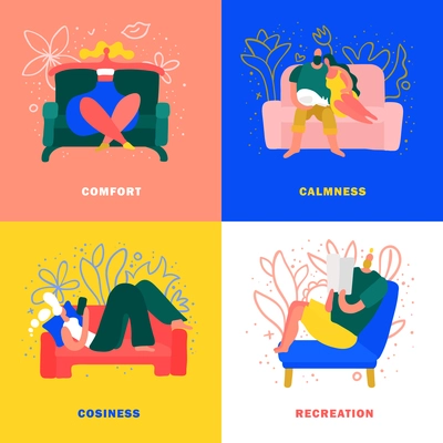 Rest on comfortable furniture at cosy home 2x2 design concept isolated on colorful background flat vector illustration