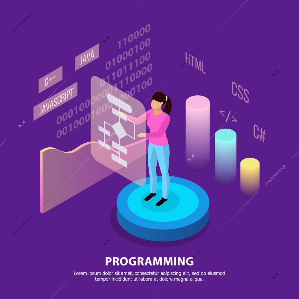 Freelance programming isometric background composition with infographic images people characters and editable text with colourful images vector illustration