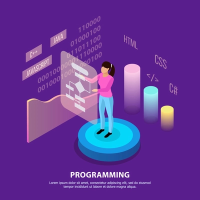 Freelance programming isometric background composition with infographic images people characters and editable text with colourful images vector illustration