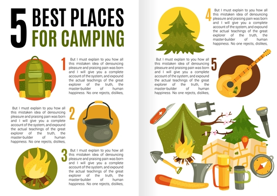 Flat design infographics with text field presenting information about best camping places and necessary equipment vector illustration