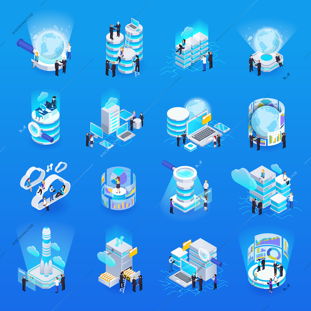 Big data transfer processing analysis storage concept symbols isometric glow icons set blue background isolated vector illustration