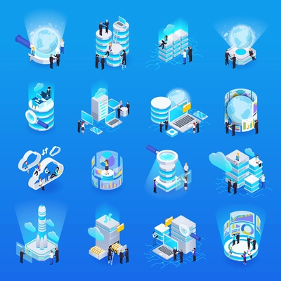 Big data transfer processing analysis storage concept symbols isometric glow icons set blue background isolated vector illustration