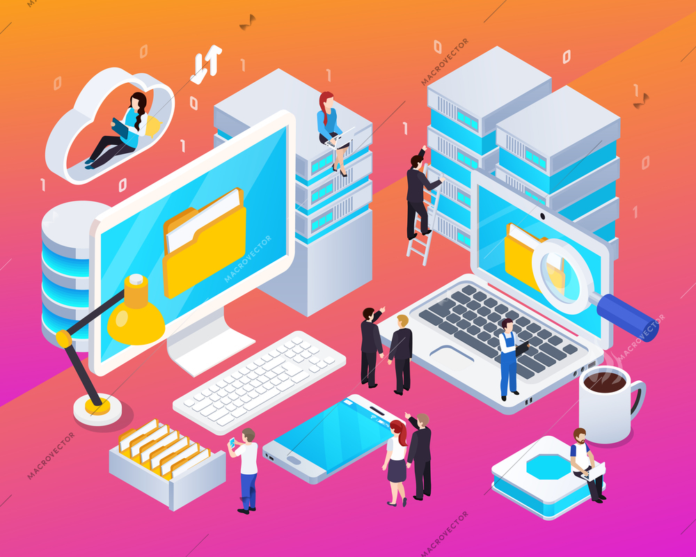 Big data streams processing analysis technologies tools isometric colorful glow composition with computer cloud office vector illustration