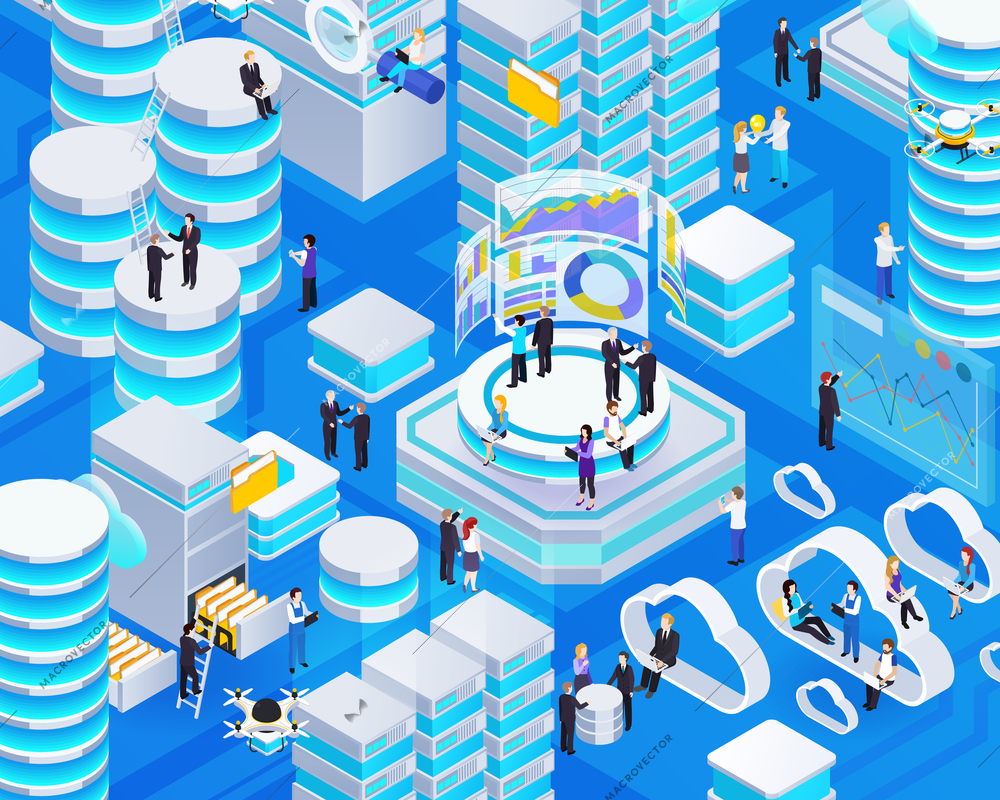 Big data analysis technologies business intelligence cloud computing and databases software isometric glowing symbols composition vector illustration