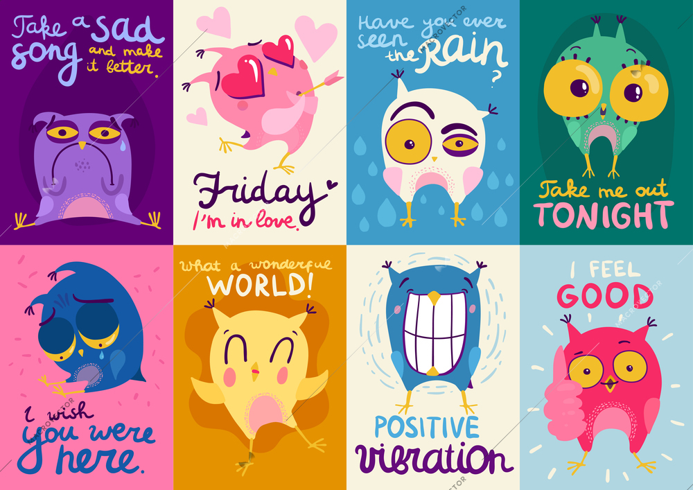 Colorful flat design cards set with cute owls showing different emotions isolated vector illustration