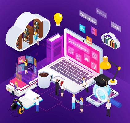 E-learning distance education bright glow isometric composition with studying home people degree virtual environment vector illustration