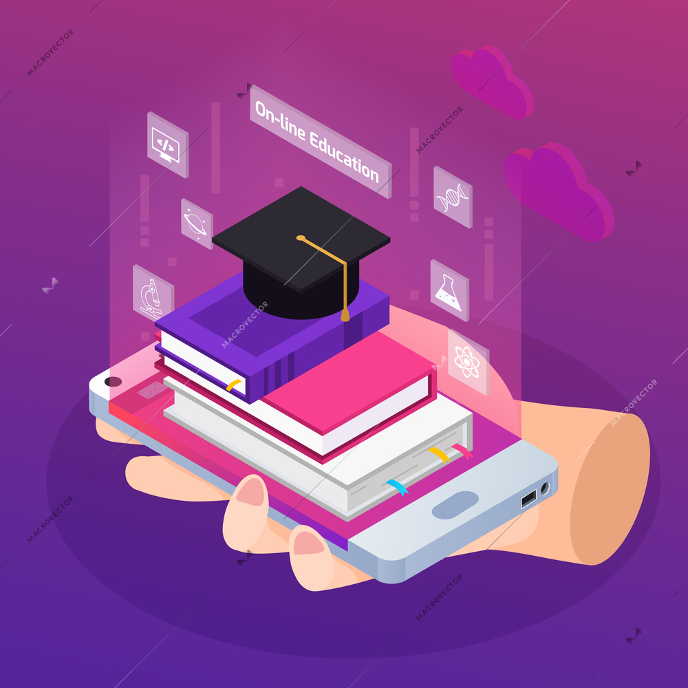 Distance education e-learning degrees advertising glow isometric composition with textbooks on smartphone in hand vector illustration