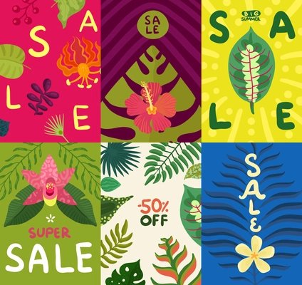 Summer sale cards set with tropical plants on colorful background flat isolated vector illustration