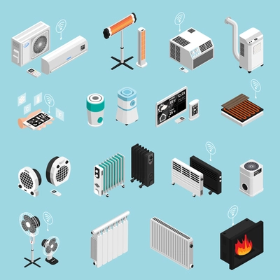 Smart home climate cooling heating elements isometric icons set with fireplace air condition radiator isolated vector illustration