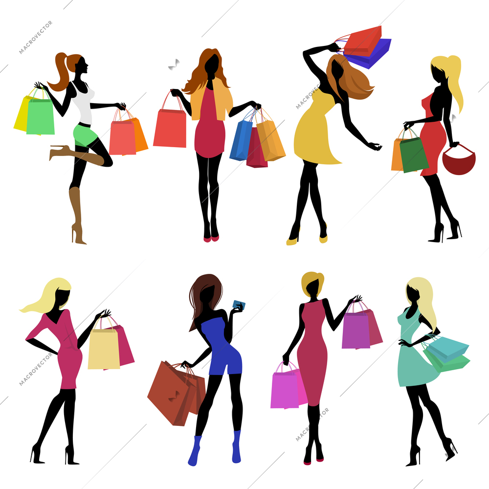 Shopping girl female figure silhouettes with sale bags isolated vector illustration.