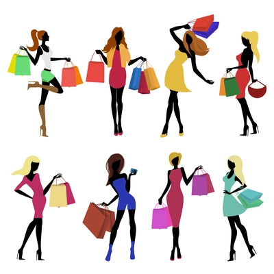 Shopping girl female figure silhouettes with sale bags isolated vector illustration.