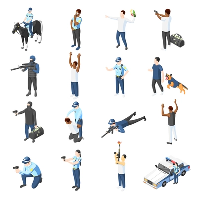 Gangs and police isometric icons set of officer with weapons training patrolling chasing criminal isolated vector illustration