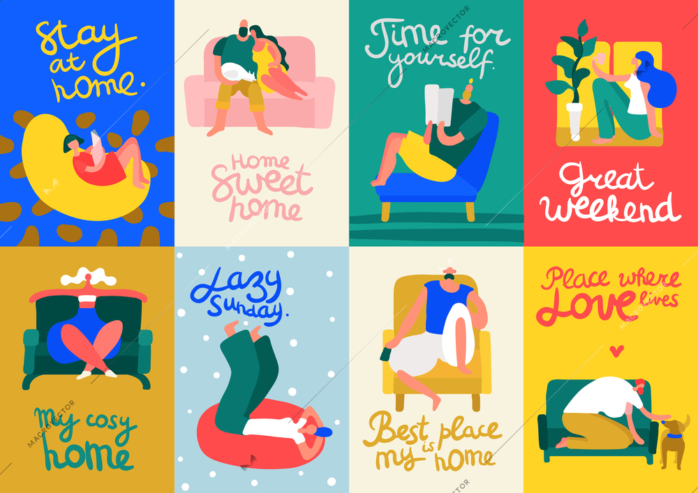 People relaxing on soft and comfortable furniture for cosy home flat cards set isolated on colorful background vector illustration