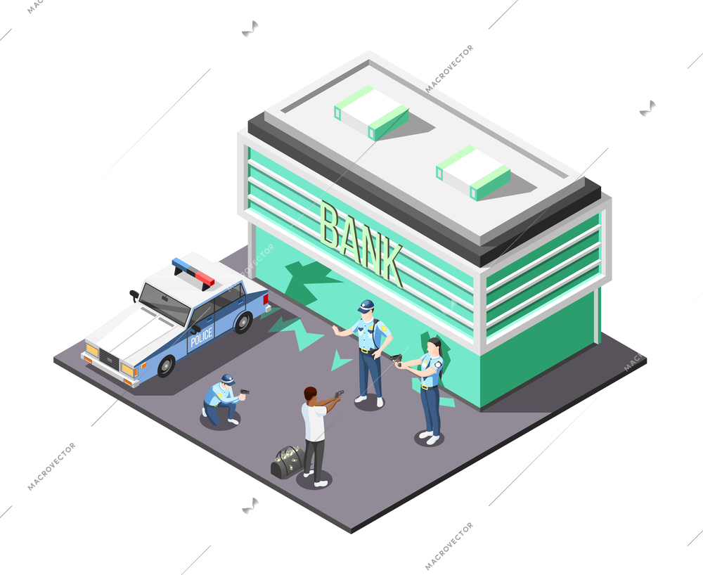 Gangs and police isometric composition with police team involved in arrest of bank robber  vector illustration