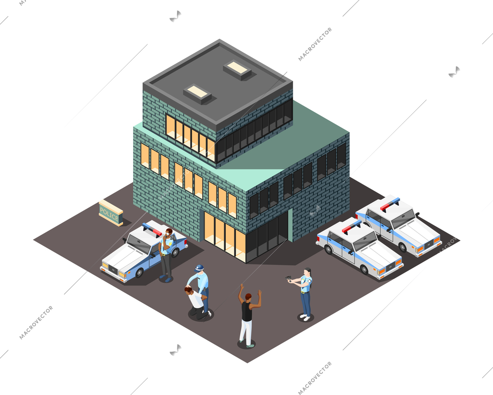 Scene of offenders detention near police station building with officers and criminal persons isometric vector illustration