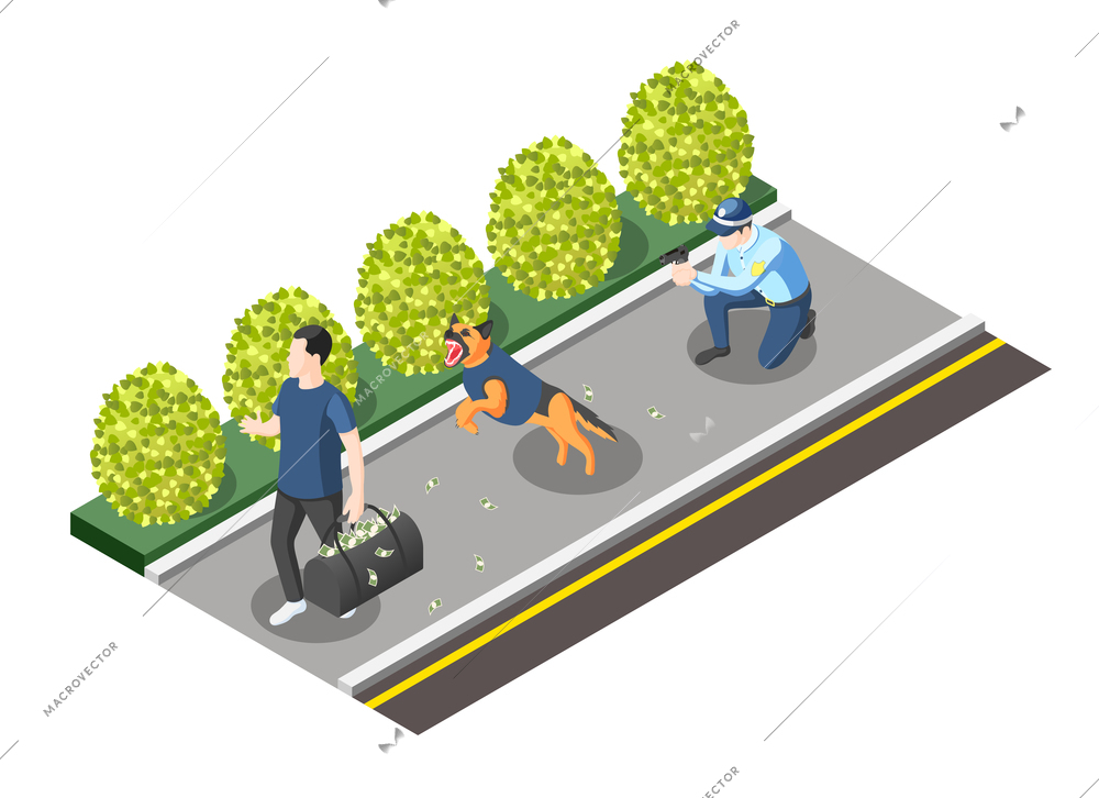Gangs and police isometric composition with policeman with gun and dog going for robber vector illustration