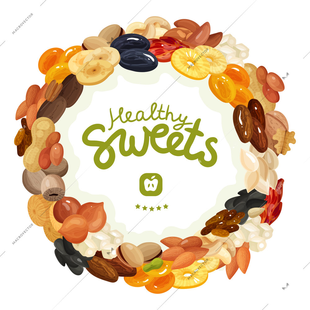 Different nuts and dried fruits for healthy diet on white background flat vector illustration
