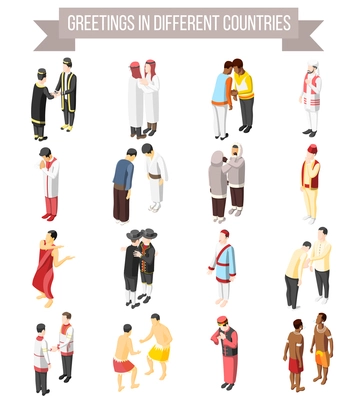 Set of isometric decorative icons illustrated manner and gesture of people greetings in different countries isolated vector illustration