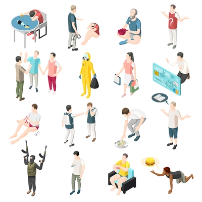 Problems of modern society isometric icons set so as domestic violence gadget dependency drunkenness education lack radioactive waste gluttony drug begging isolated vector illustration