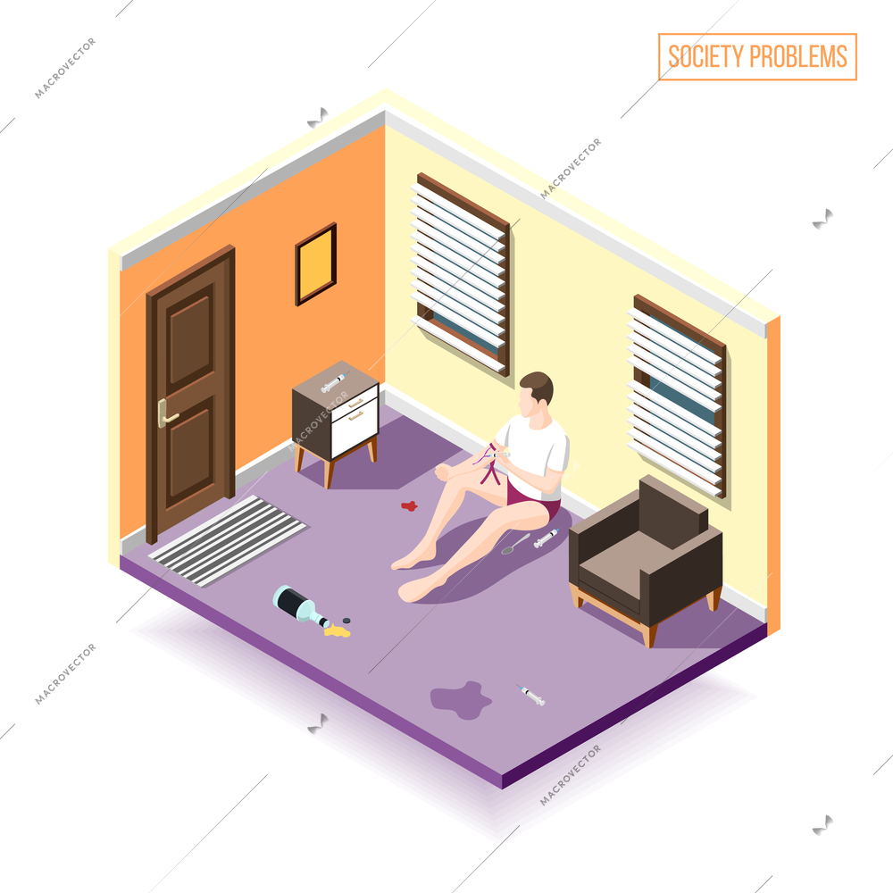 Society problems isometric composition with male lonely addict injecting drug in home interior vector illustration