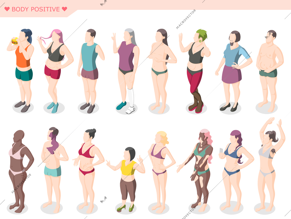 Body positivity movement and figure  diversity set of male and female characters dressed in swimsuits standing in row isometric vector illustration