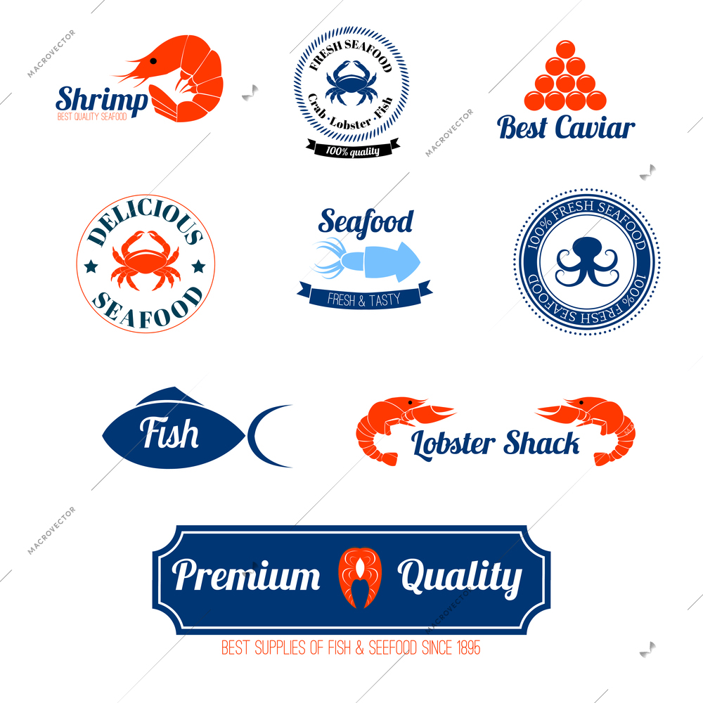 Seafood restaurant supplies stores fresh quality crab lobster salmon fish labels icons set abstract isolated vector  illustration