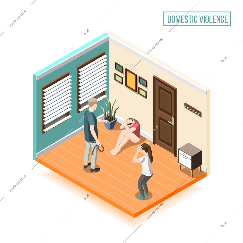Domestic violence isometric composition with man child and woman closed by hands for self defense vector illustration