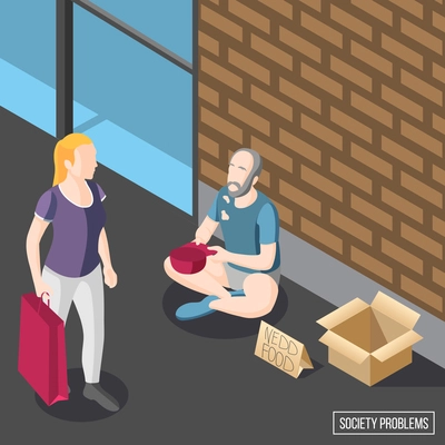 Society problems isometric background with hungry beggar sitting on sidewalk and begging vector illustration