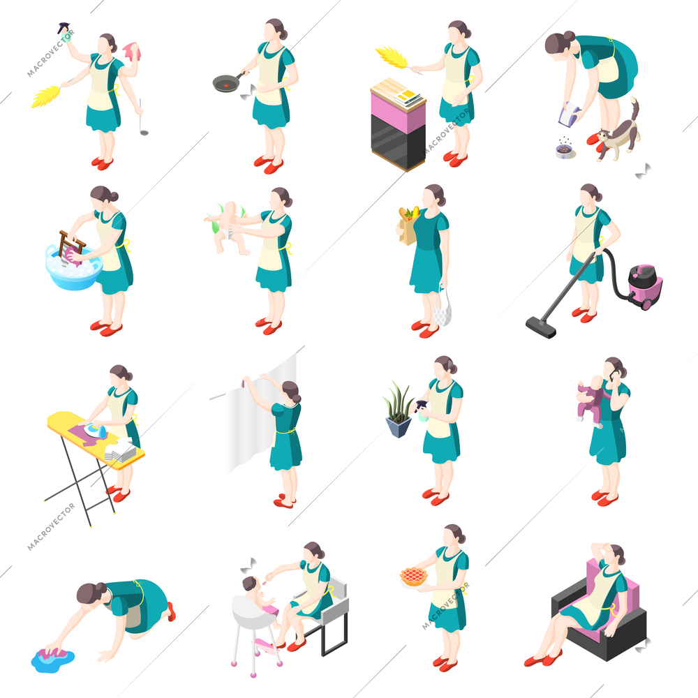 Tortured housewife isometric icons with female persons involved in washing cooking cleaning ironing gardening dishwashing babysitting isolated vector illustration