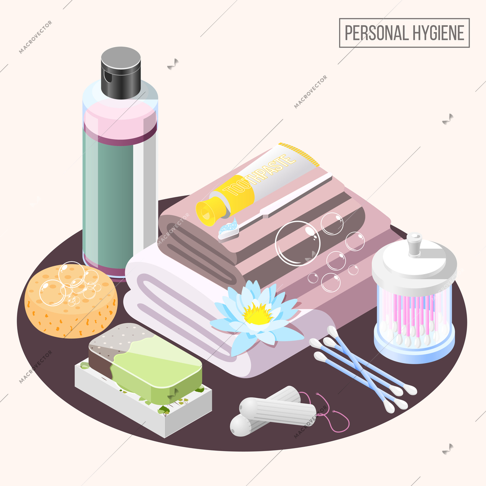 Personal hygiene isometric composition with shower gel soap stack of towels ear cleaning sticks vector illustration