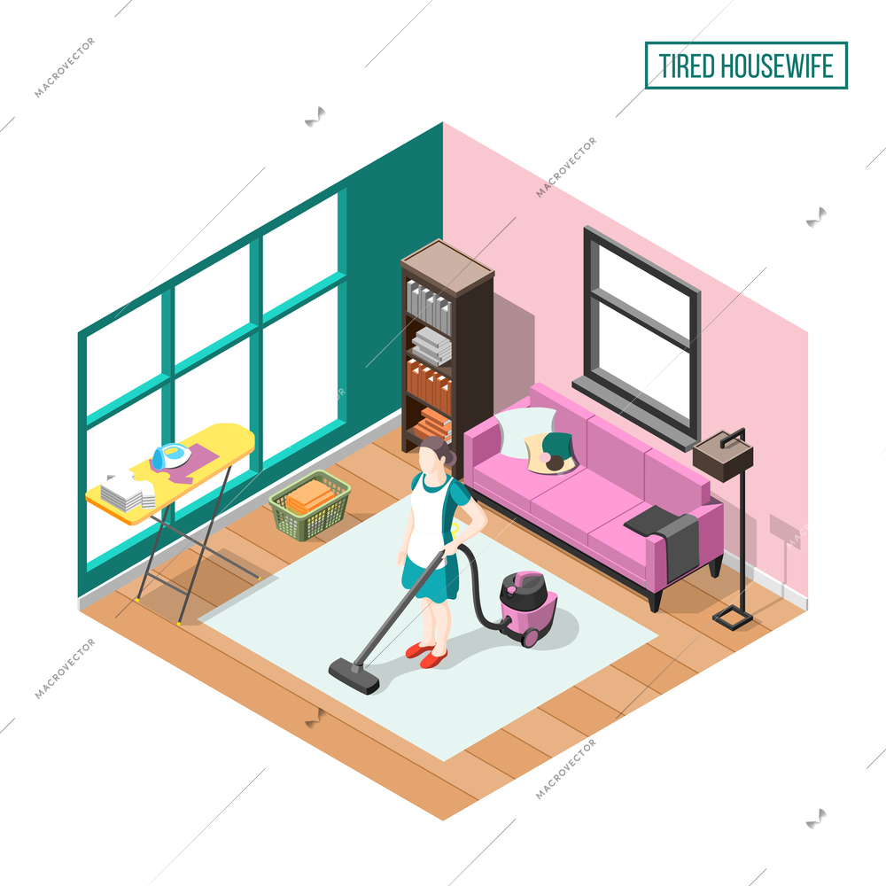 Tired housewife isometric composition with woman in home interior busy with daily duties  vector illustration