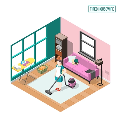 Tired housewife isometric composition with woman in home interior busy with daily duties  vector illustration