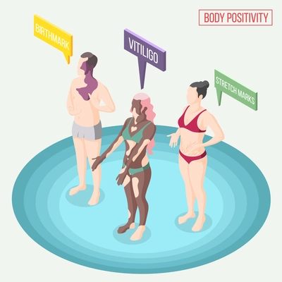 Body positivity movement isometric composition with people in underwear demonstrating their skin problems vector illustration