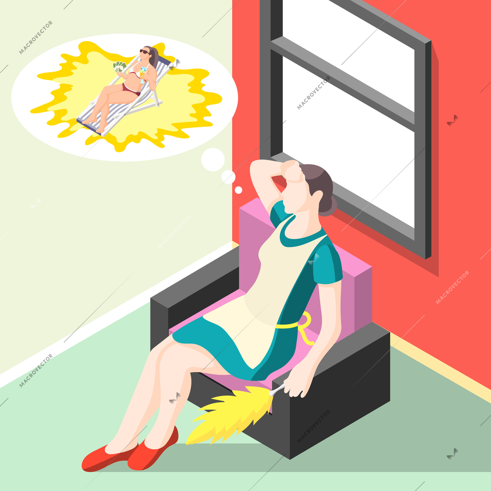 Tortured housewife isometric background with woman sitting in chair after cleaning and dreaming of beach holiday vector illustration