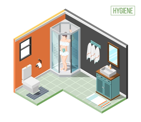 Hygiene isometric design concept with furniture and sanitary elements of bathroom and young girl standing in shower cabin vector illustration