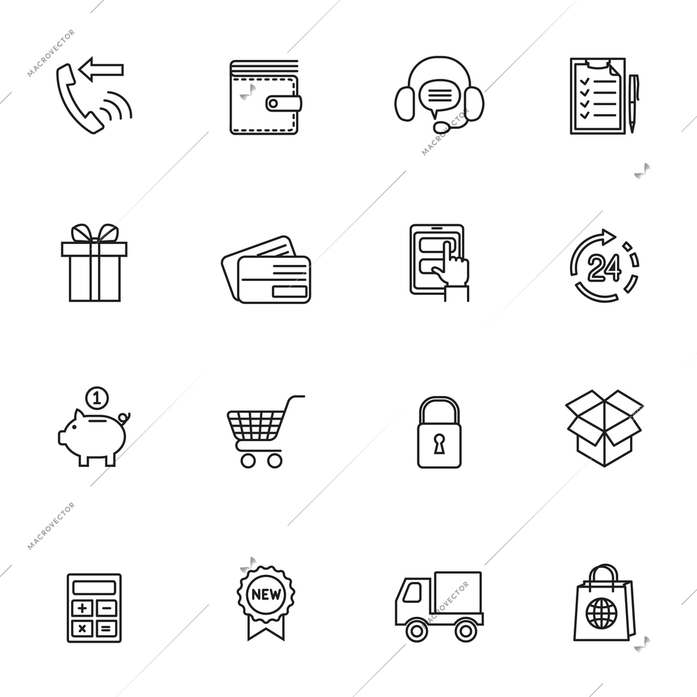 E-commerce shopping icons set of delivery truck credit card piggy bank isolated vector illustration