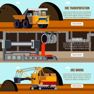 Steel production foundry work shop ore mining and transportation set of flat horizontal banners isolated vector illustration