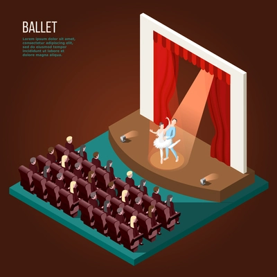 Ballet isometric poster with  dancing couple on scene of musical theater before audience vector illustration