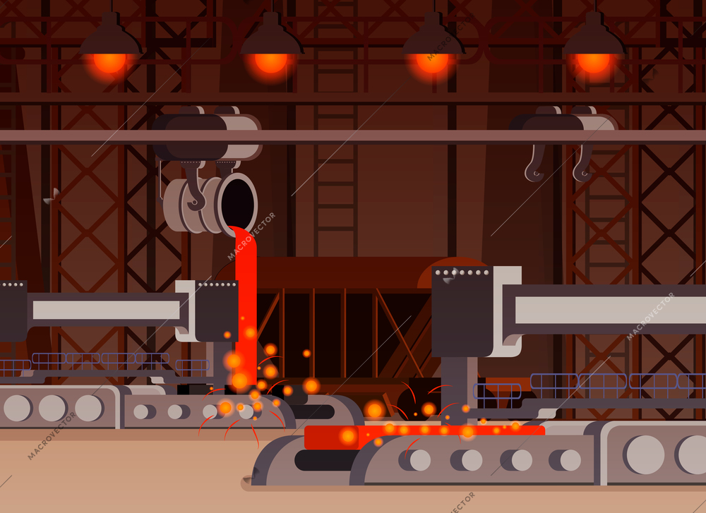 Steel production flat composition casting process in foundry work shop with automated equipment vector illustration