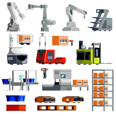 Automated warehouse equipment mechanical arms robots loaders sorting conveyor set of flat icons isolated vector illustration